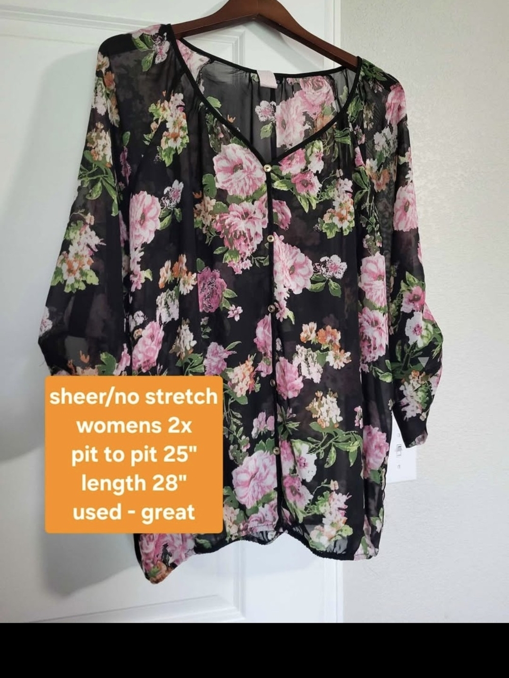Sheer Black Floral Button-Front Blouse - Women's 2X